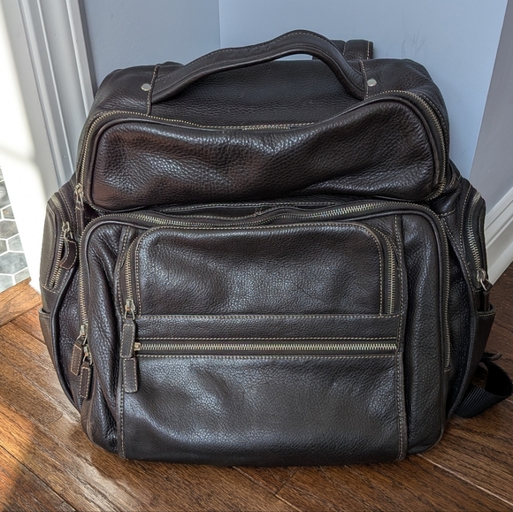 Levenger Heavy Thick Leather Backpack Multiple Pockets